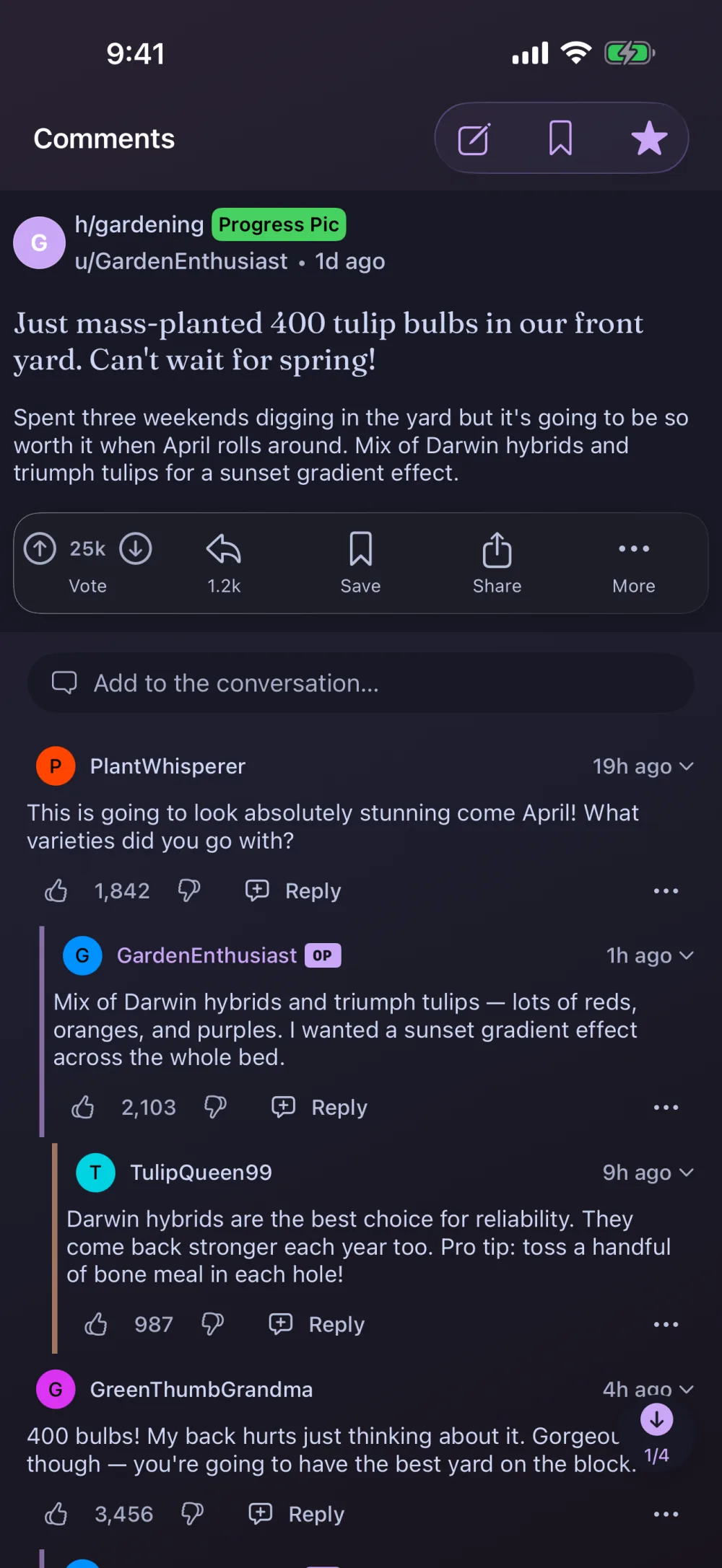 Comments screen with color-coded threading and swipe-to-reply