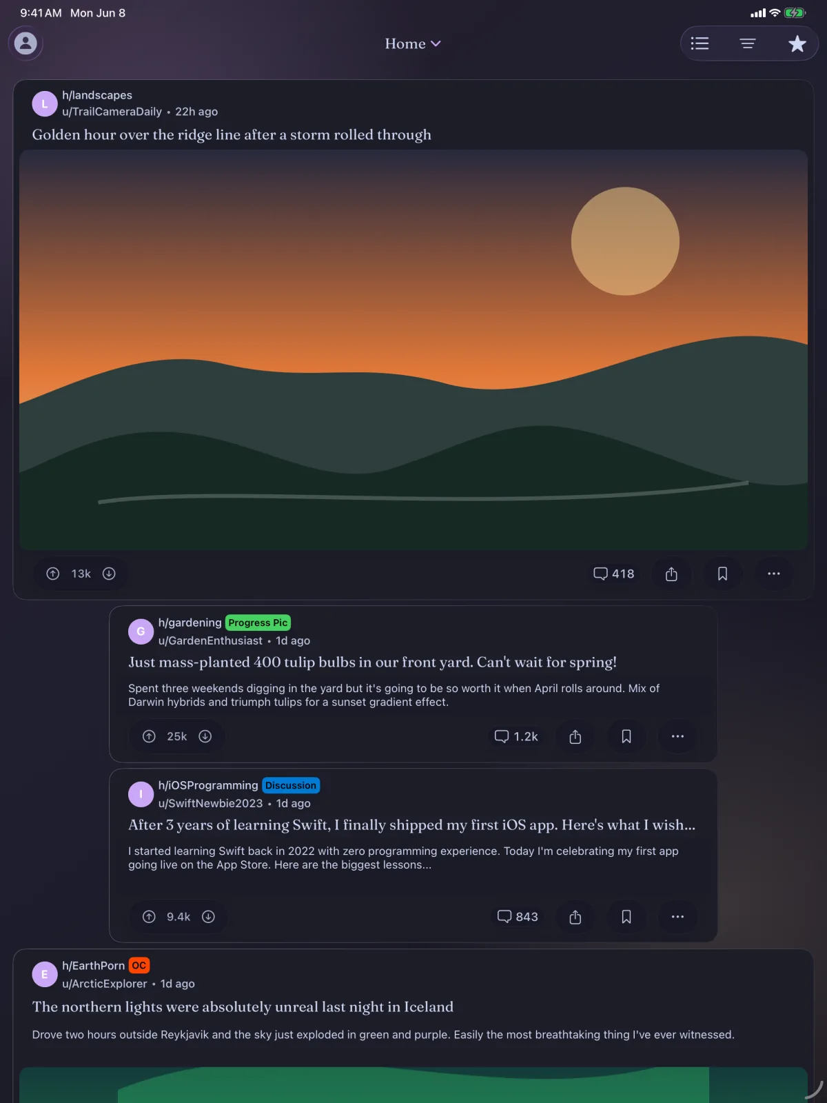 Lander running on iPad with a wide feed layout