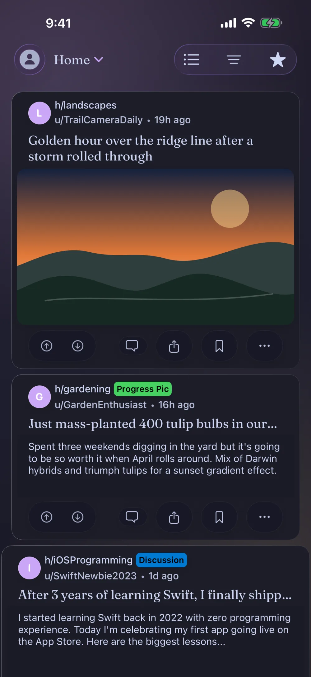 Lander showing a Reddit front-page feed with a sunset landscape post