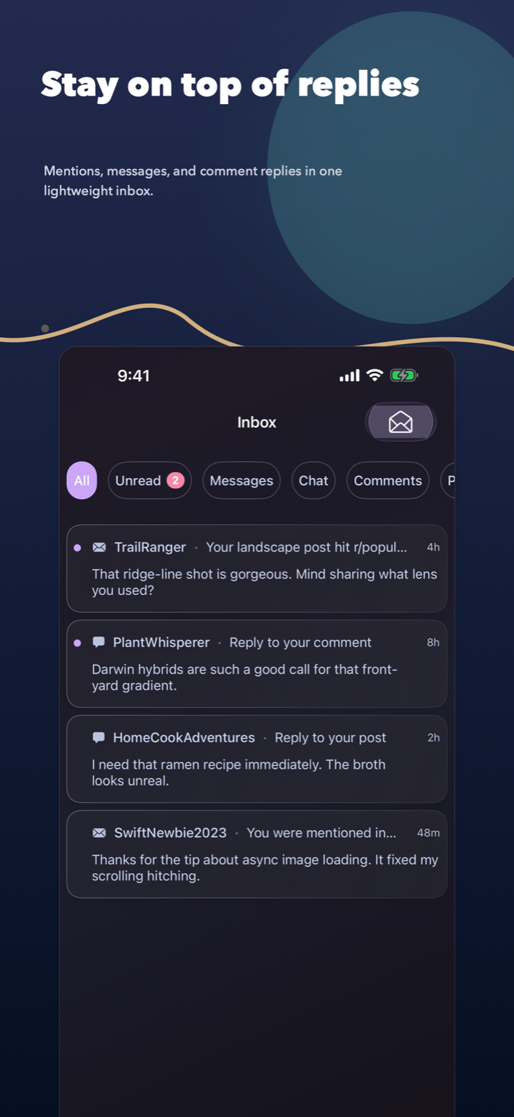 Inbox screen showing replies, messages, and mentions