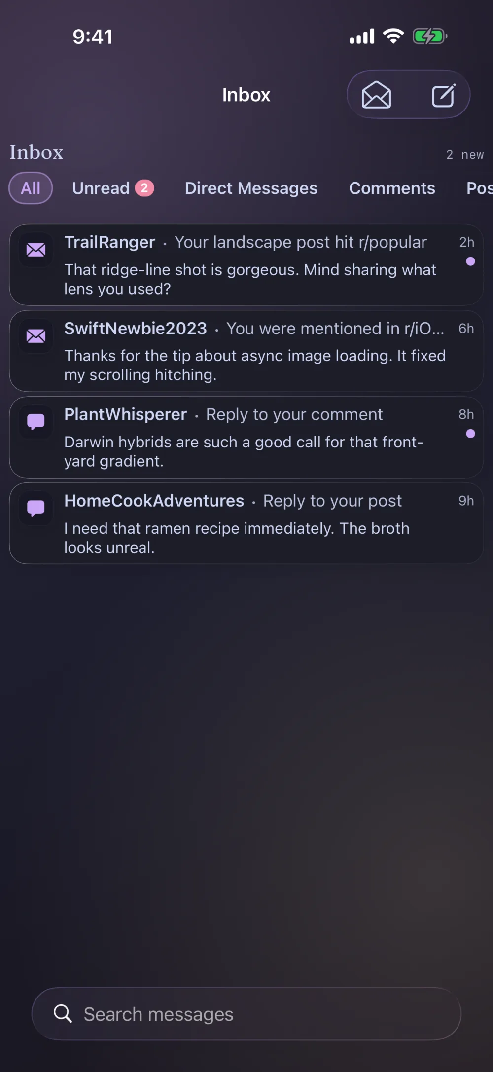 Inbox screen with messages, replies, and mentions