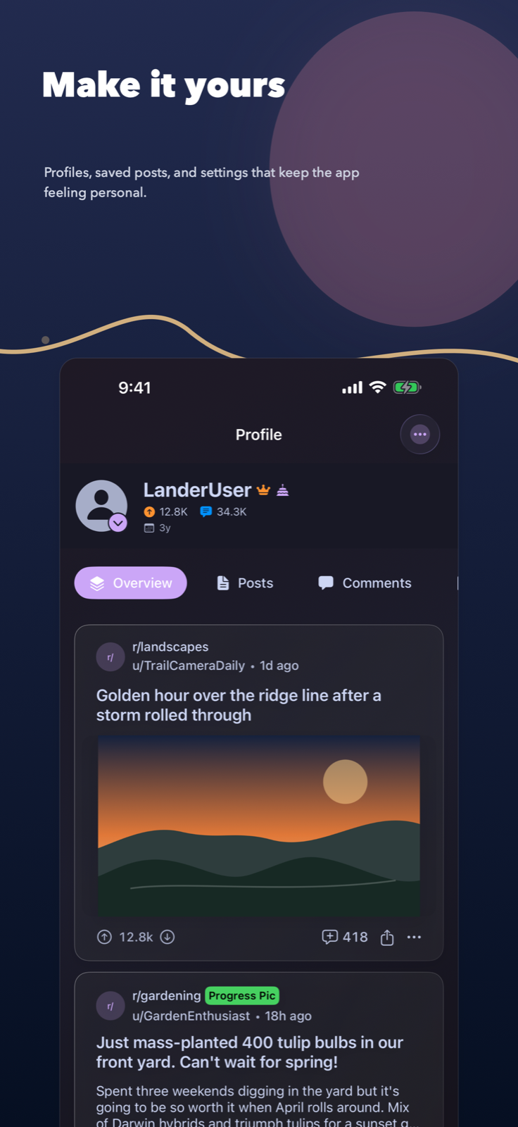 Profile screen showing saved posts and settings in Lander