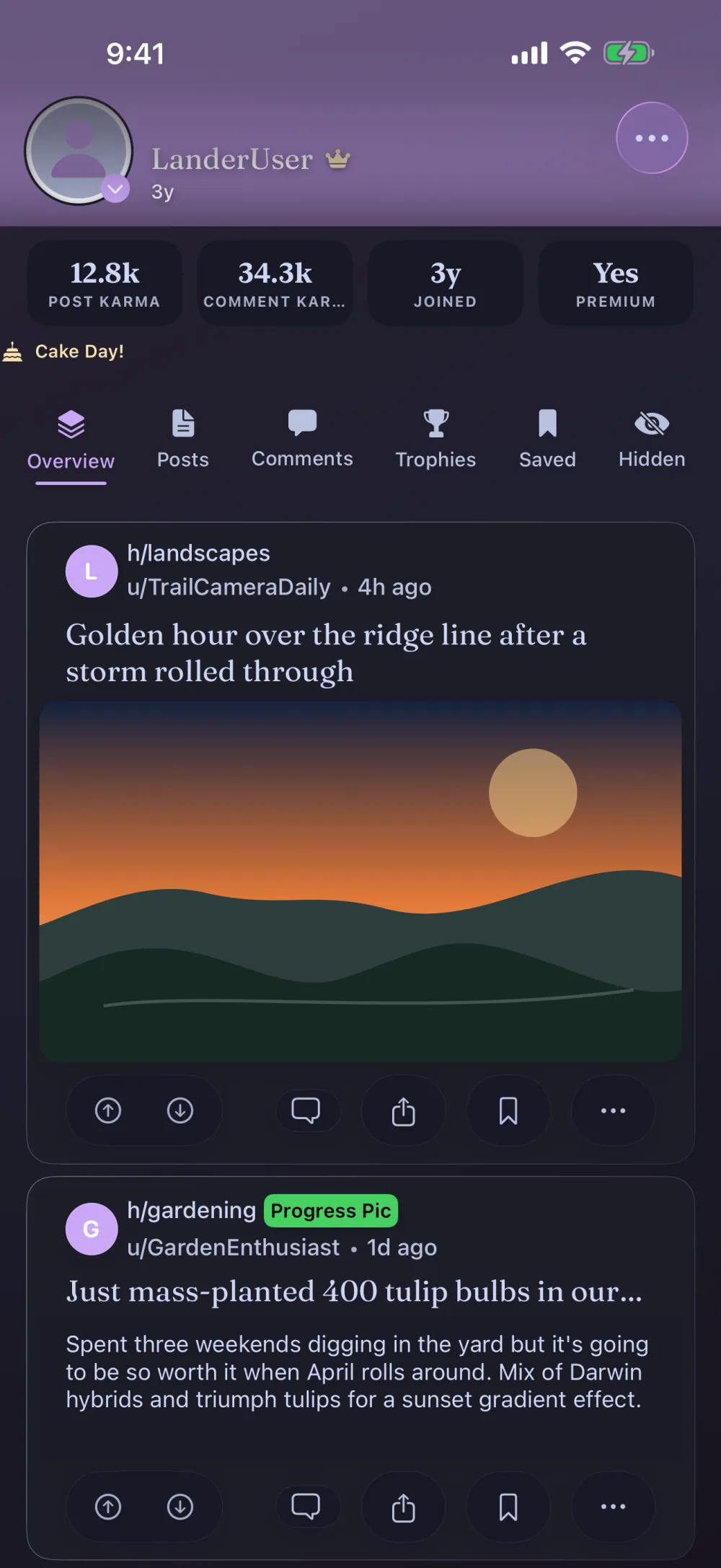 Redesigned profile with banner header, stat cards, and a Trophies tab