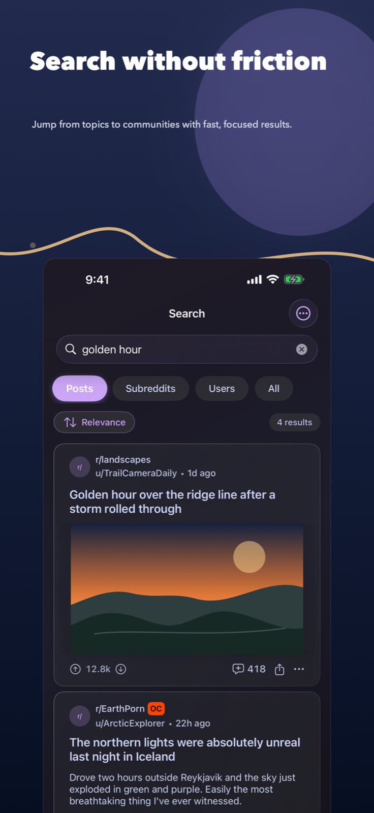 Search screen showing focused results in Lander