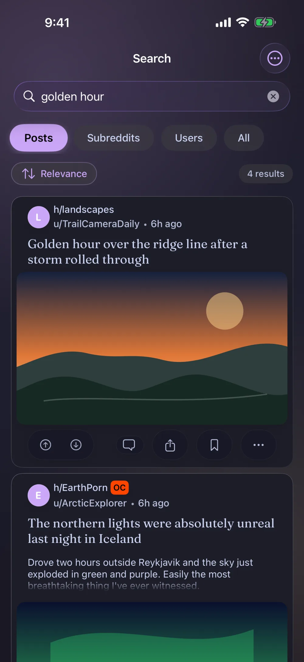 Search screen with posts, subreddits, and users plus scope filters