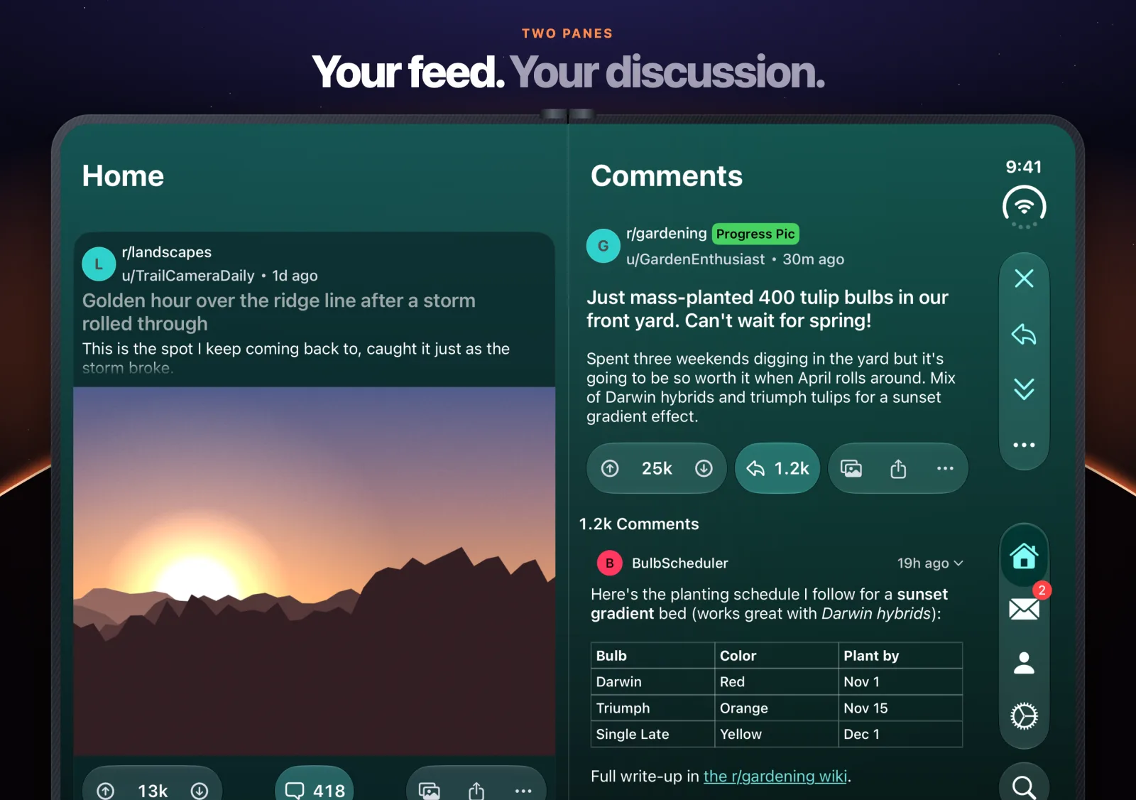 Lander on an unfolded iPhone Duo: the feed beside an open discussion