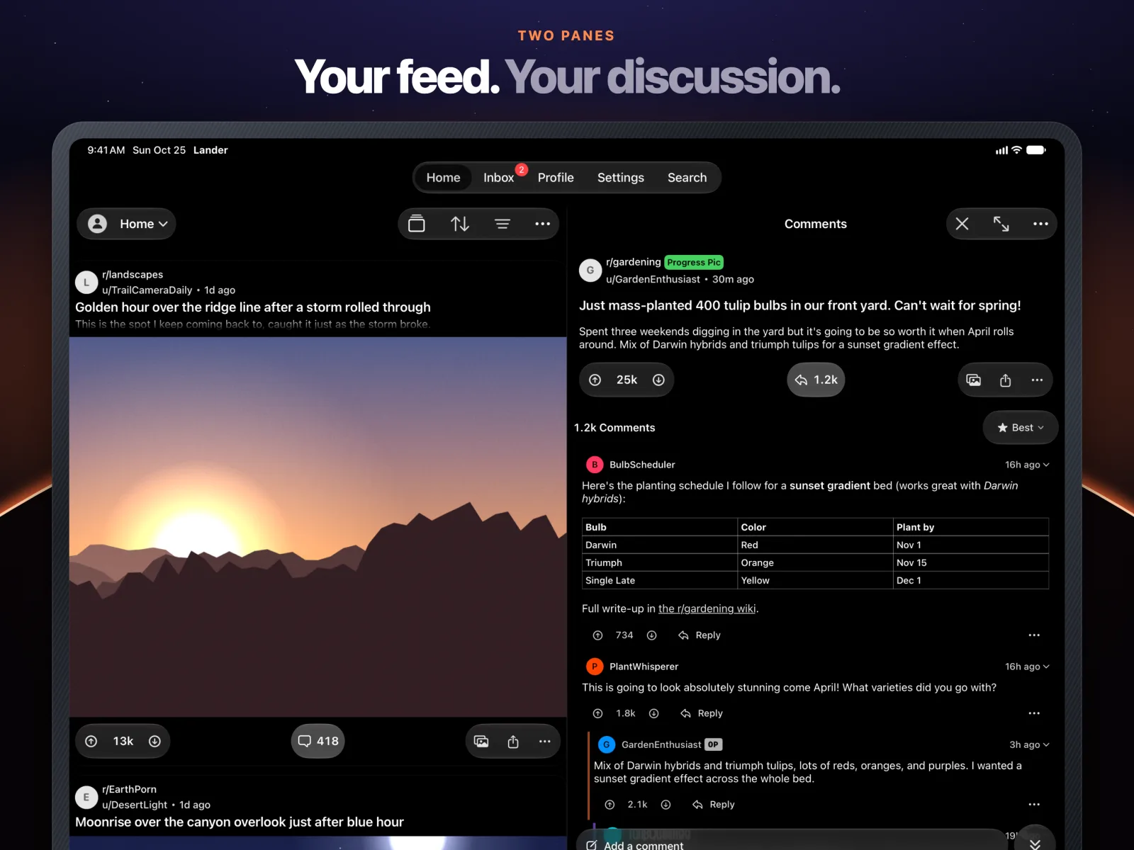 Lander on iPad in landscape, with the feed and a discussion in two panes