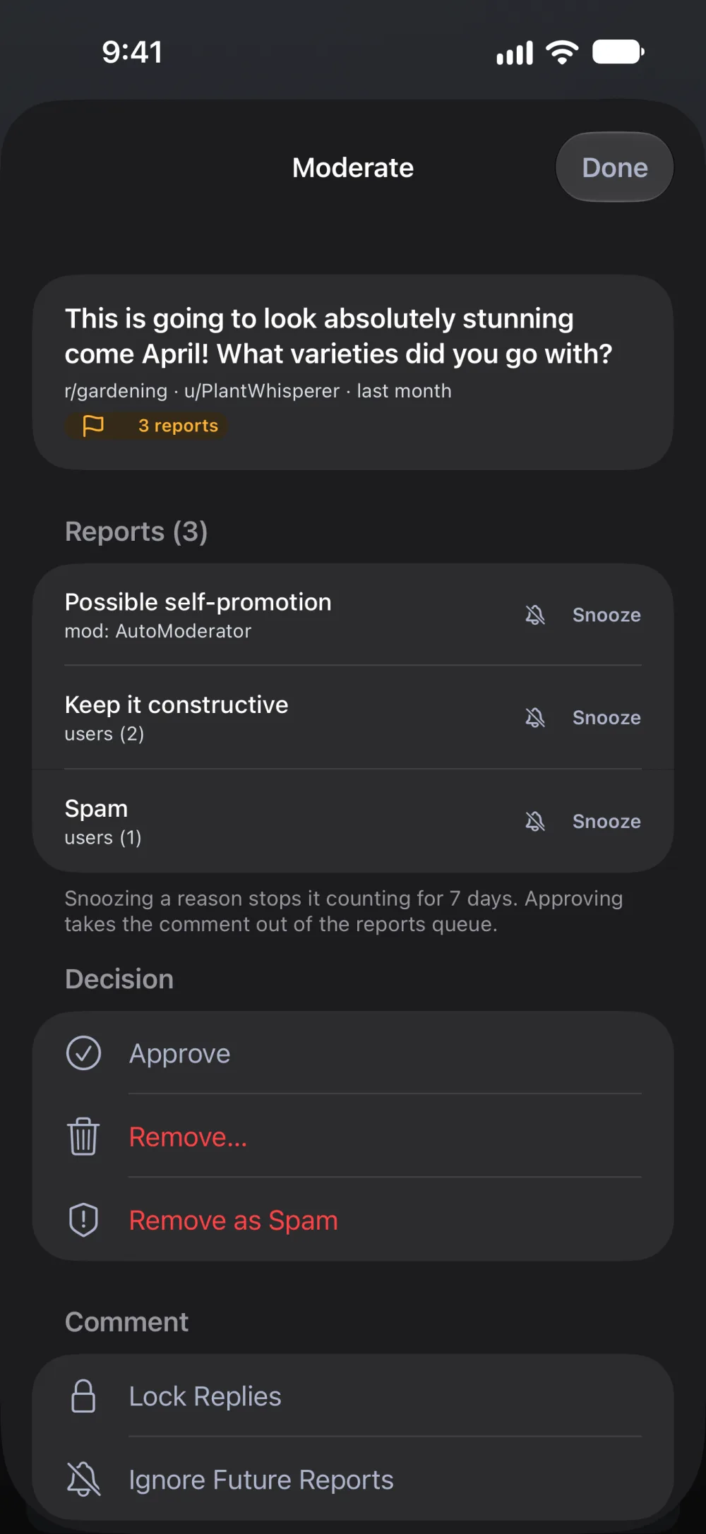 The moderation panel on a reported post